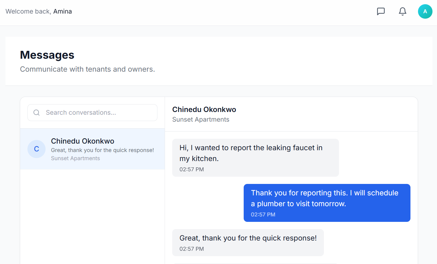 Habiwa messages dashboard for owner and tenant conversations