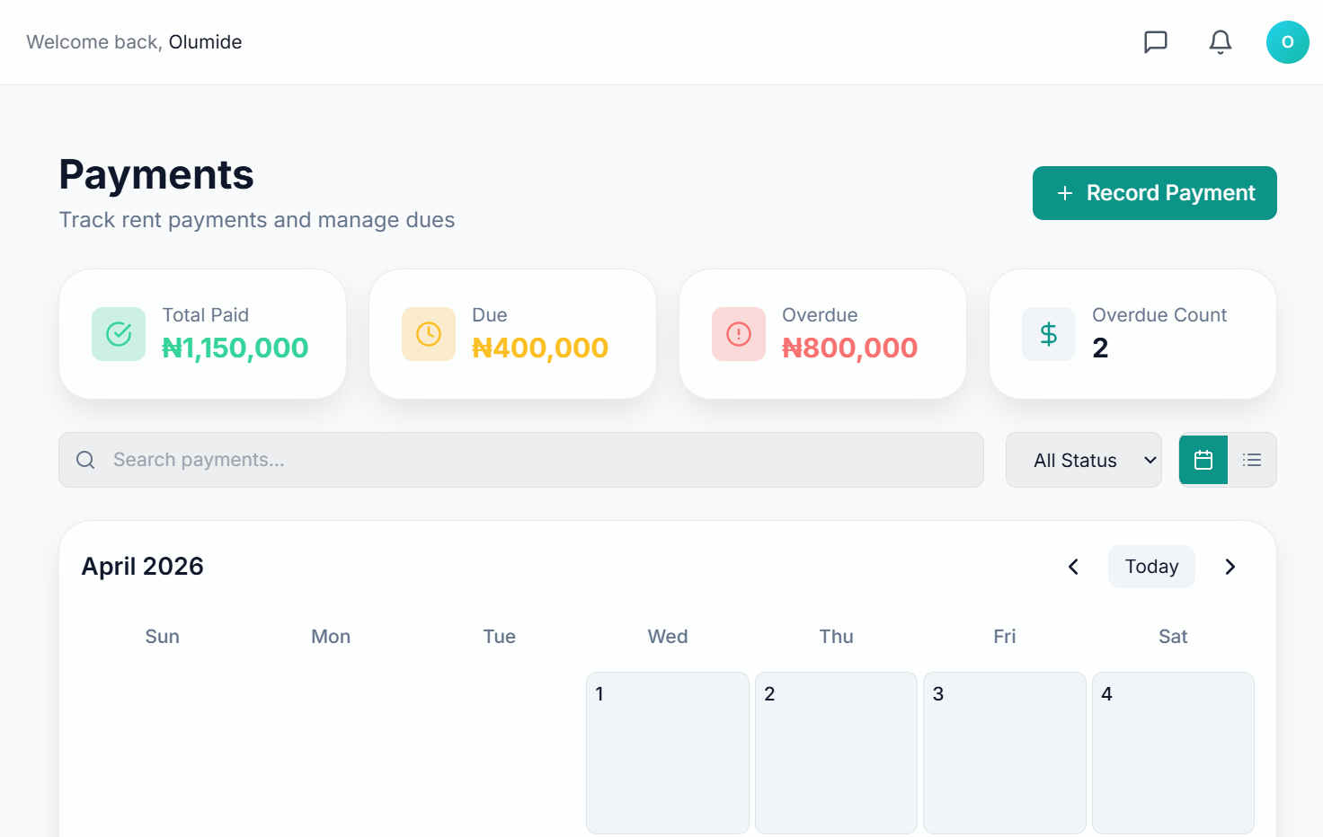 Habiwa payments screen with rent tracking and calendar view