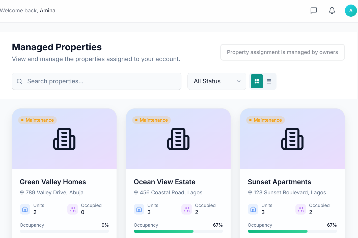 Habiwa properties dashboard showing portfolio overview